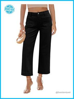 Wide Leg Cropped High Waisted Stretchy Denim Jeans Front Pockets